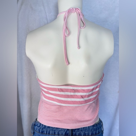 Forever 21 Halter Top Striped Sleeveless‎ Pink White Crop Top Size L - Picture 3 of 3